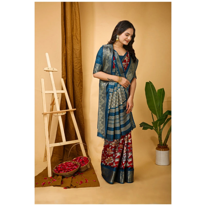 Mayawye Women's Soft Dola Cotton Kalamkari Printed Saree With Unstitched Blouse 5.5Mtr (Red)