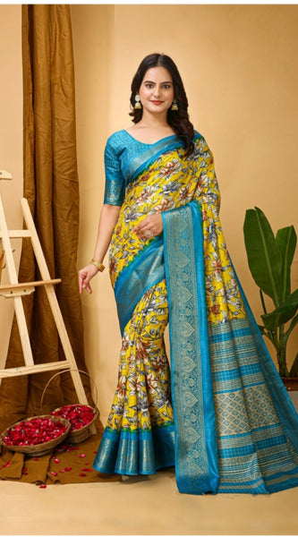 Mayawye Women's Soft Dola Cotton Kalamkari Printed Saree With Unstitched Blouse 5.5Mtr (Yellow)