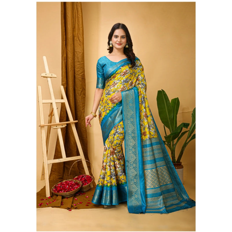Mayawye Women's Soft Dola Cotton Kalamkari Printed Saree With Unstitched Blouse 5.5Mtr (Yellow)