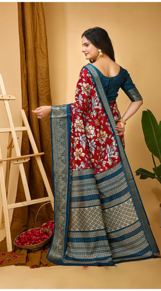 Mayawye Women's Soft Dola Cotton Kalamkari Printed Saree With Unstitched Blouse 5.5Mtr (Red)