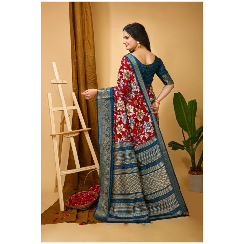 Mayawye Women's Soft Dola Cotton Kalamkari Printed Saree With Unstitched Blouse 5.5Mtr (Red)