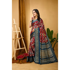 Mayawye Women's Soft Dola Cotton Kalamkari Printed Saree With Unstitched Blouse 5.5Mtr (Red)