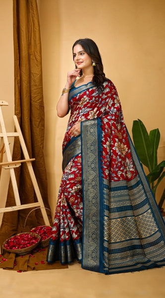 Mayawye Women's Soft Dola Cotton Kalamkari Printed Saree With Unstitched Blouse 5.5Mtr (Red)
