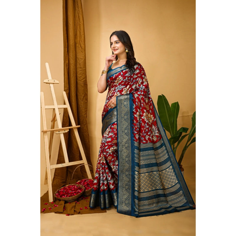 Mayawye Women's Soft Dola Cotton Kalamkari Printed Saree With Unstitched Blouse 5.5Mtr (Red)