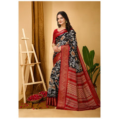 Mayawye Women's Soft Dola Cotton Kalamkari Printed Saree With Unstitched Blouse 5.5Mtr (Black)