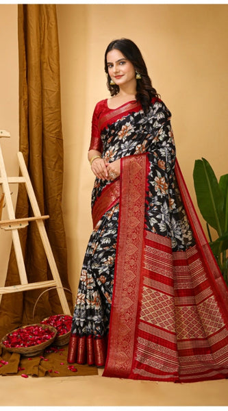 Mayawye Women's Soft Dola Cotton Kalamkari Printed Saree With Unstitched Blouse 5.5Mtr (Black)
