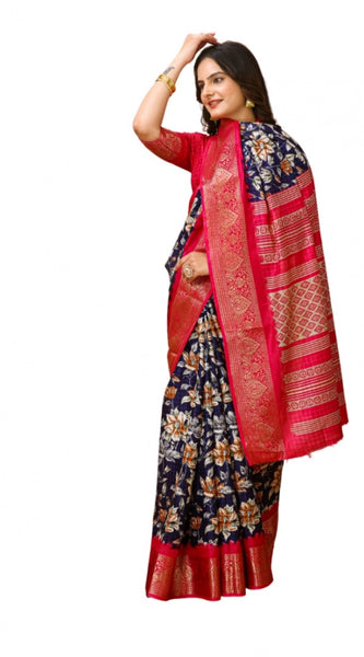 Mayawye Women's Soft Dola Cotton Kalamkari Printed Saree With Unstitched Blouse 5.5Mtr (Navy Blue)