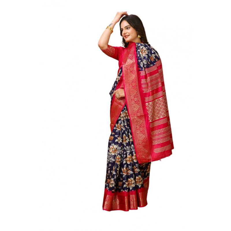 Mayawye Women's Soft Dola Cotton Kalamkari Printed Saree With Unstitched Blouse 5.5Mtr (Navy Blue)