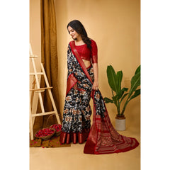 Mayawye Women's Soft Dola Cotton Kalamkari Printed Saree With Unstitched Blouse 5.5Mtr (Black)
