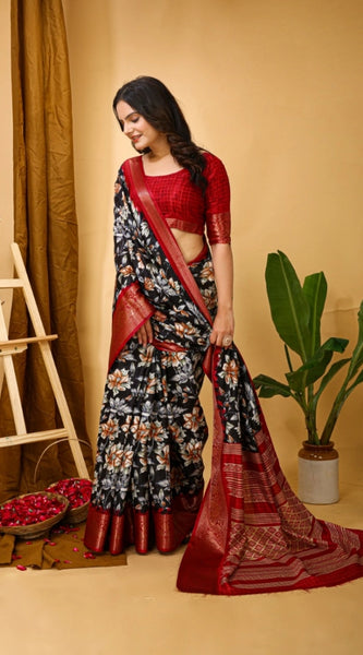 Mayawye Women's Soft Dola Cotton Kalamkari Printed Saree With Unstitched Blouse 5.5Mtr (Black)