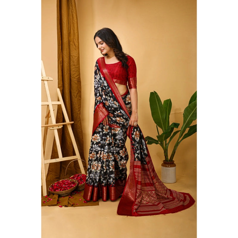 Mayawye Women's Soft Dola Cotton Kalamkari Printed Saree With Unstitched Blouse 5.5Mtr (Black)