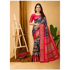 Mayawye Women's Soft Dola Cotton Kalamkari Printed Saree With Unstitched Blouse 5.5Mtr (Navy Blue)