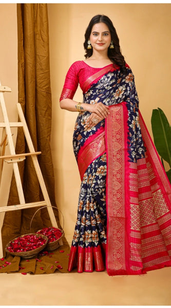 Mayawye Women's Soft Dola Cotton Kalamkari Printed Saree With Unstitched Blouse 5.5Mtr (Navy Blue)