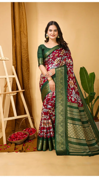 Mayawye Women's Soft Dola Cotton Kalamkari Printed Saree With Unstitched Blouse 5.5Mtr (Maroon)