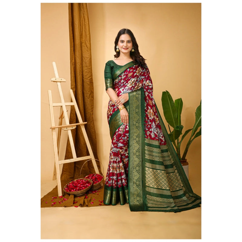 Mayawye Women's Soft Dola Cotton Kalamkari Printed Saree With Unstitched Blouse 5.5Mtr (Maroon)