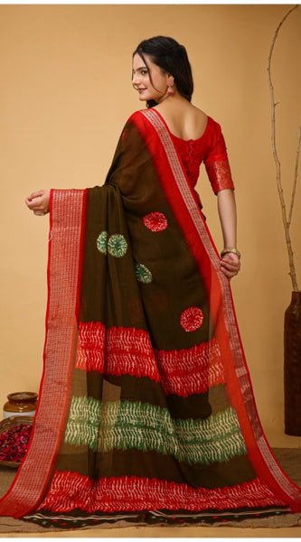 Mayawye Women's Soft Blooming Marshmallow Fabric Kalamkari Printed Saree With Unstitched Blouse 5.5Mtr (Mehendi)