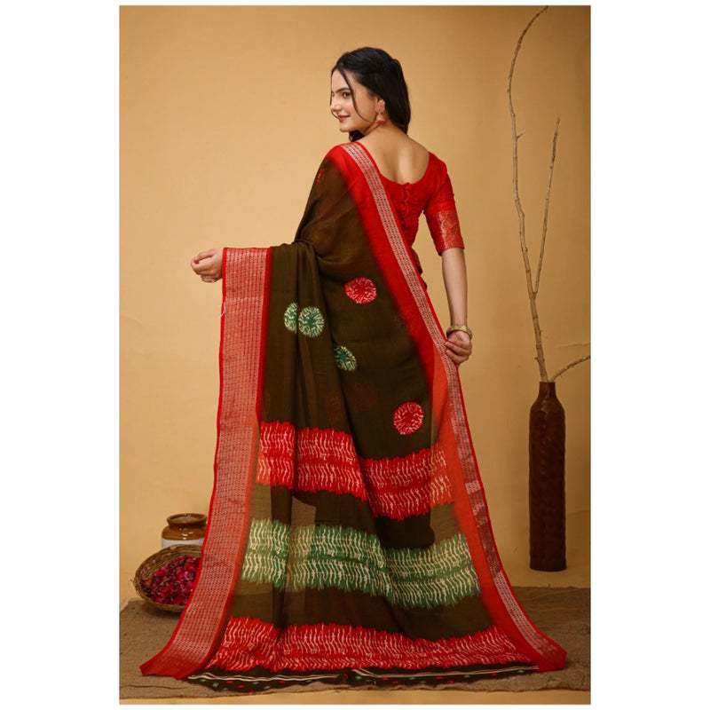 Mayawye Women's Soft Blooming Marshmallow Fabric Kalamkari Printed Saree With Unstitched Blouse 5.5Mtr (Mehendi)