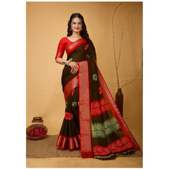 Mayawye Women's Soft Blooming Marshmallow Fabric Kalamkari Printed Saree With Unstitched Blouse 5.5Mtr (Mehendi)