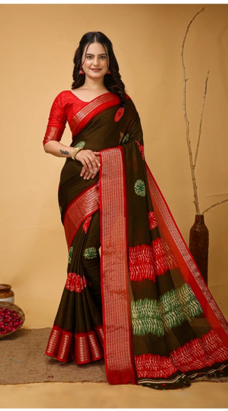 Mayawye Women's Soft Blooming Marshmallow Fabric Kalamkari Printed Saree With Unstitched Blouse 5.5Mtr (Mehendi)