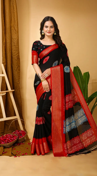 Mayawye Women's Soft Blooming Marshmallow Fabric Kalamkari Printed Saree With Unstitched Blouse 5.5Mtr (Black)