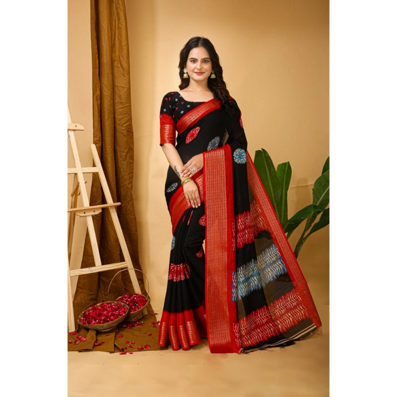 Mayawye Women's Soft Blooming Marshmallow Fabric Kalamkari Printed Saree With Unstitched Blouse 5.5Mtr (Black)