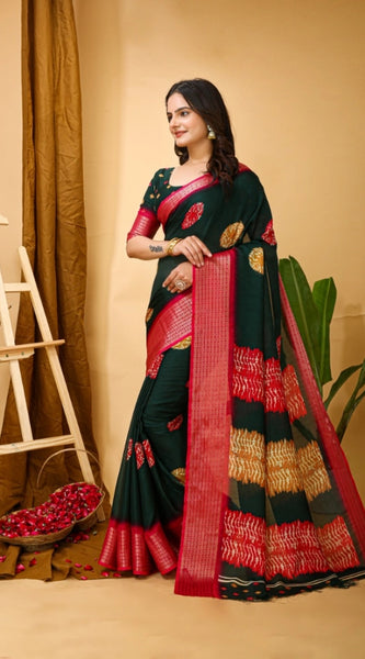 Mayawye Women's Soft Blooming Marshmallow Fabric Kalamkari Printed Saree With Unstitched Blouse 5.5Mtr (Green)