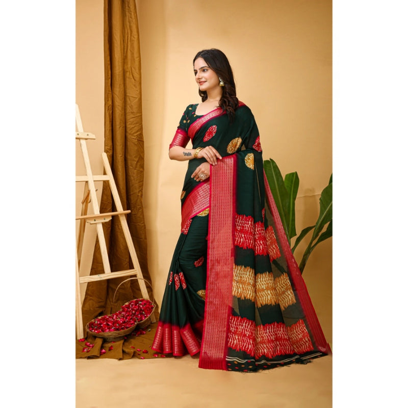Mayawye Women's Soft Blooming Marshmallow Fabric Kalamkari Printed Saree With Unstitched Blouse 5.5Mtr (Green)
