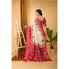 Mayawye Women's Soft Dola Cotton Kalamkari Printed Saree With Unstitched Blouse 5.5Mtr (Red)