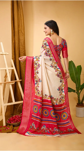 Mayawye Women's Soft Dola Cotton Kalamkari Printed Saree With Unstitched Blouse 5.5Mtr (Red)