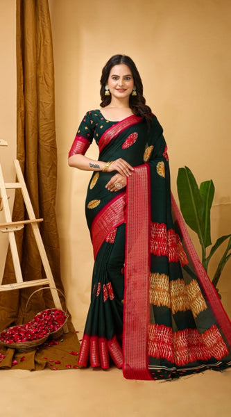 Mayawye Women's Soft Blooming Marshmallow Fabric Kalamkari Printed Saree With Unstitched Blouse 5.5Mtr (Green)