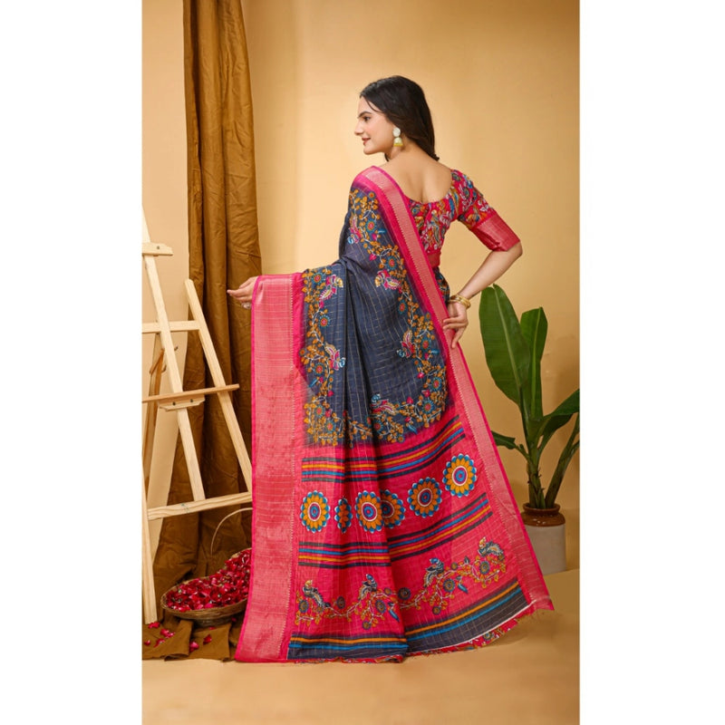 Mayawye Women's Soft Dola Cotton Kalamkari Printed Saree With Unstitched Blouse 5.5Mtr (Grey)