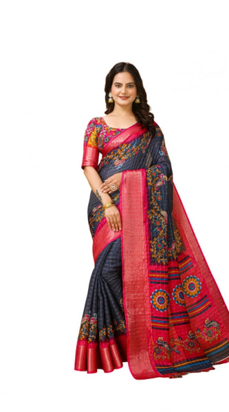 Mayawye Women's Soft Dola Cotton Kalamkari Printed Saree With Unstitched Blouse 5.5Mtr (Grey)