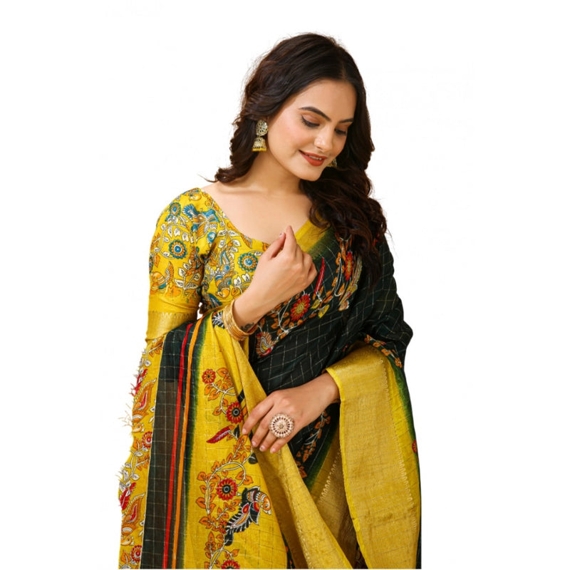 Mayawye Women's Soft Dola Cotton Kalamkari Printed Saree With Unstitched Blouse 5.5Mtr (Green)
