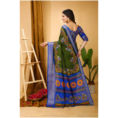 Mayawye Women's Soft Dola Cotton Kalamkari Printed Saree With Unstitched Blouse 5.5Mtr (Mehendi)