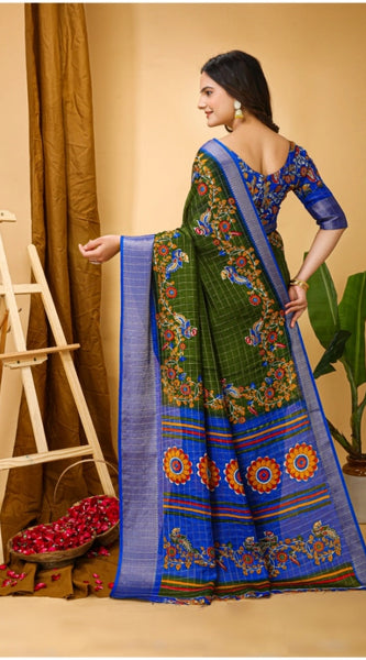 Mayawye Women's Soft Dola Cotton Kalamkari Printed Saree With Unstitched Blouse 5.5Mtr (Mehendi)