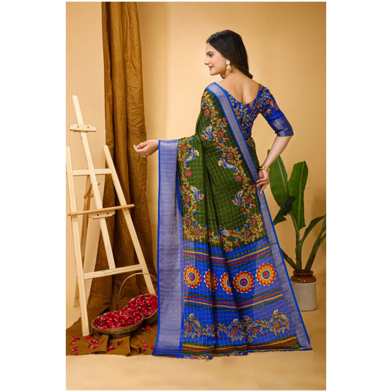 Mayawye Women's Soft Dola Cotton Kalamkari Printed Saree With Unstitched Blouse 5.5Mtr (Mehendi)