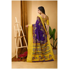 Mayawye Women's Soft Dola Cotton Kalamkari Printed Saree With Unstitched Blouse 5.5Mtr (Purple)