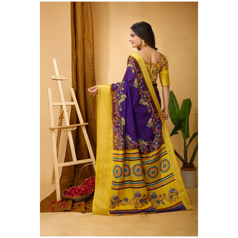 Mayawye Women's Soft Dola Cotton Kalamkari Printed Saree With Unstitched Blouse 5.5Mtr (Purple)