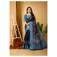 Mayawye Women's Soft Dola Cotton Kalamkari Printed Saree With Unstitched Blouse 5.5Mtr (Navy Blue)