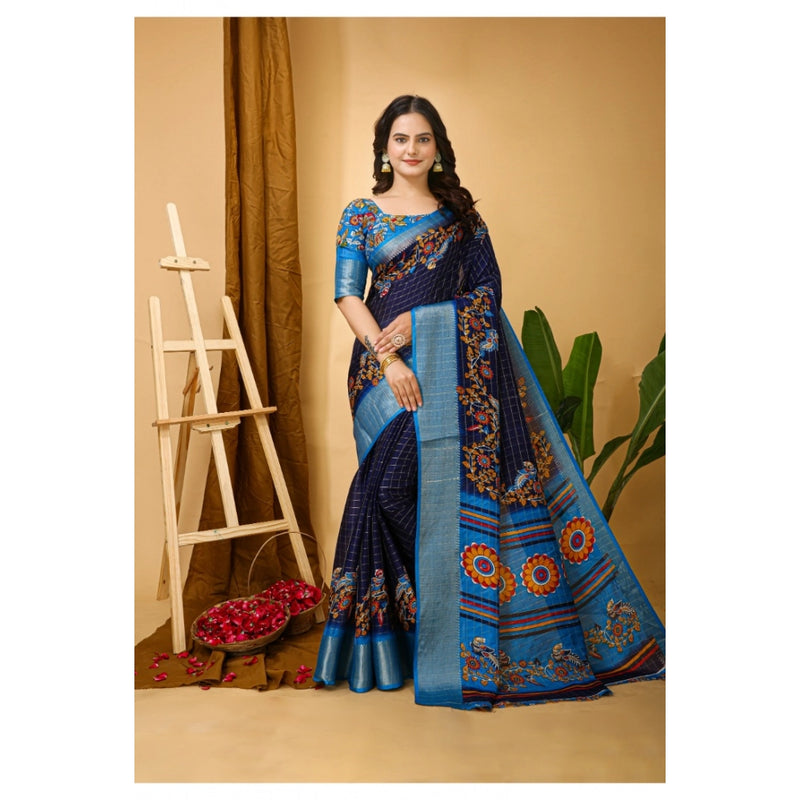 Mayawye Women's Soft Dola Cotton Kalamkari Printed Saree With Unstitched Blouse 5.5Mtr (Navy Blue)