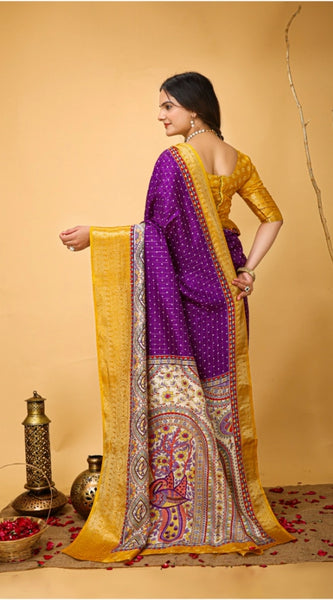 Mayawye Women's Soft Dola Cotton Kalamkari Printed Saree With Unstitched Blouse 5.5Mtr (Purple)