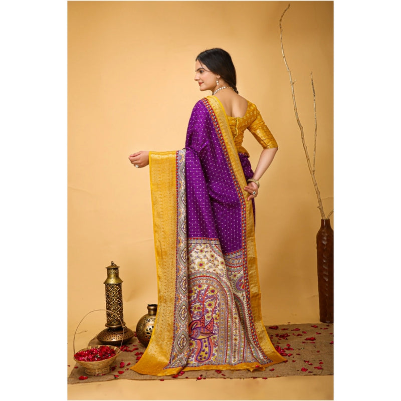 Mayawye Women's Soft Dola Cotton Kalamkari Printed Saree With Unstitched Blouse 5.5Mtr (Purple)
