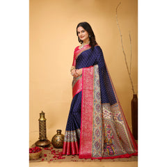 Mayawye Women's Soft Dola Cotton Kalamkari Printed Saree With Unstitched Blouse 5.5Mtr (Navy Blue)
