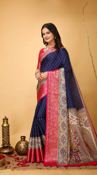 Mayawye Women's Soft Dola Cotton Kalamkari Printed Saree With Unstitched Blouse 5.5Mtr (Navy Blue)