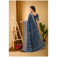 Mayawye Women's Soft Dola Cotton Kalamkari Printed Saree With Unstitched Blouse 5.5Mtr (Blue)
