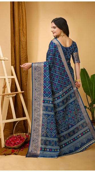 Mayawye Women's Soft Dola Cotton Kalamkari Printed Saree With Unstitched Blouse 5.5Mtr (Blue)