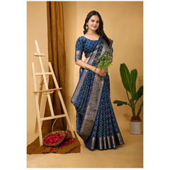 Mayawye Women's Soft Dola Cotton Kalamkari Printed Saree With Unstitched Blouse 5.5Mtr (Blue)