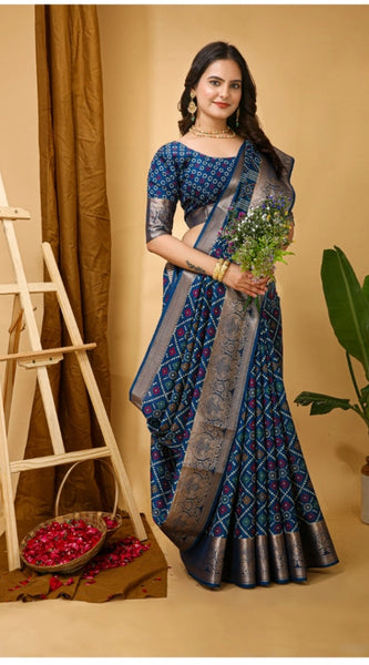 Mayawye Women's Soft Dola Cotton Kalamkari Printed Saree With Unstitched Blouse 5.5Mtr (Blue)