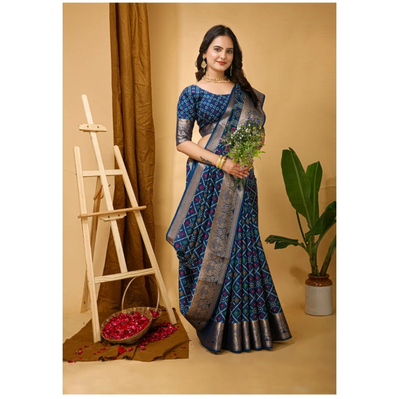 Mayawye Women's Soft Dola Cotton Kalamkari Printed Saree With Unstitched Blouse 5.5Mtr (Blue)