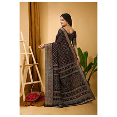 Mayawye Women's Soft Dola Cotton Kalamkari Printed Saree With Unstitched Blouse 5.5Mtr (Black)